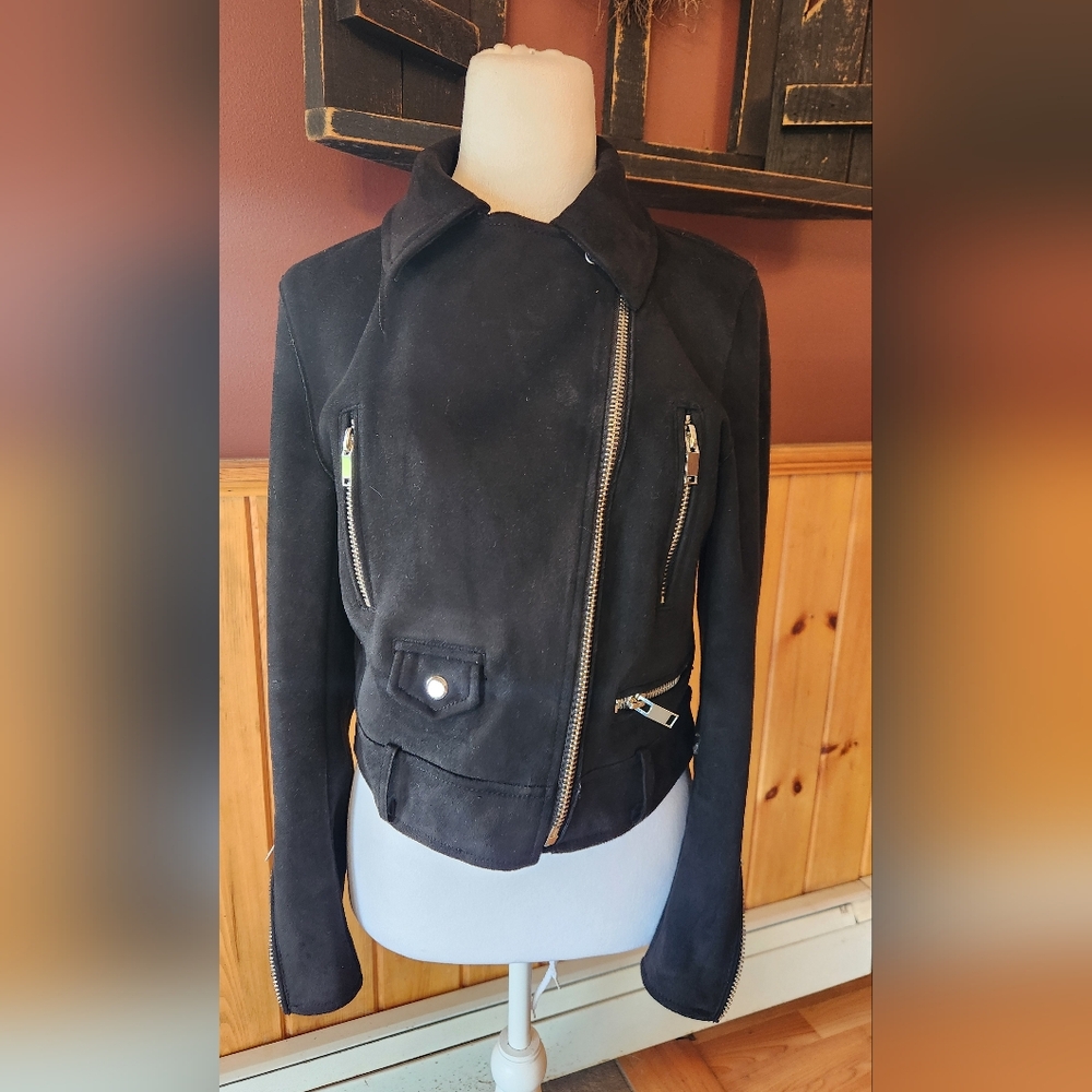 Zara Outerwear Faux Suede Zipper Detail Cropped Biker Jacket Size Medium